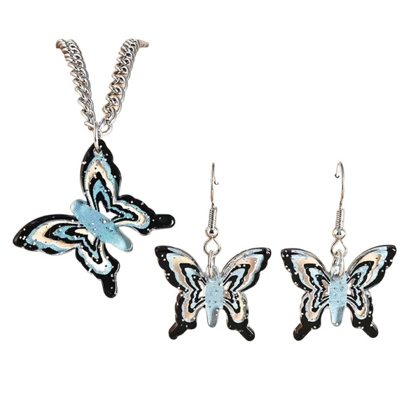 Blue/Gray Resin Butterfly Charm Necklace and Earring Set - Picture 2 of 3